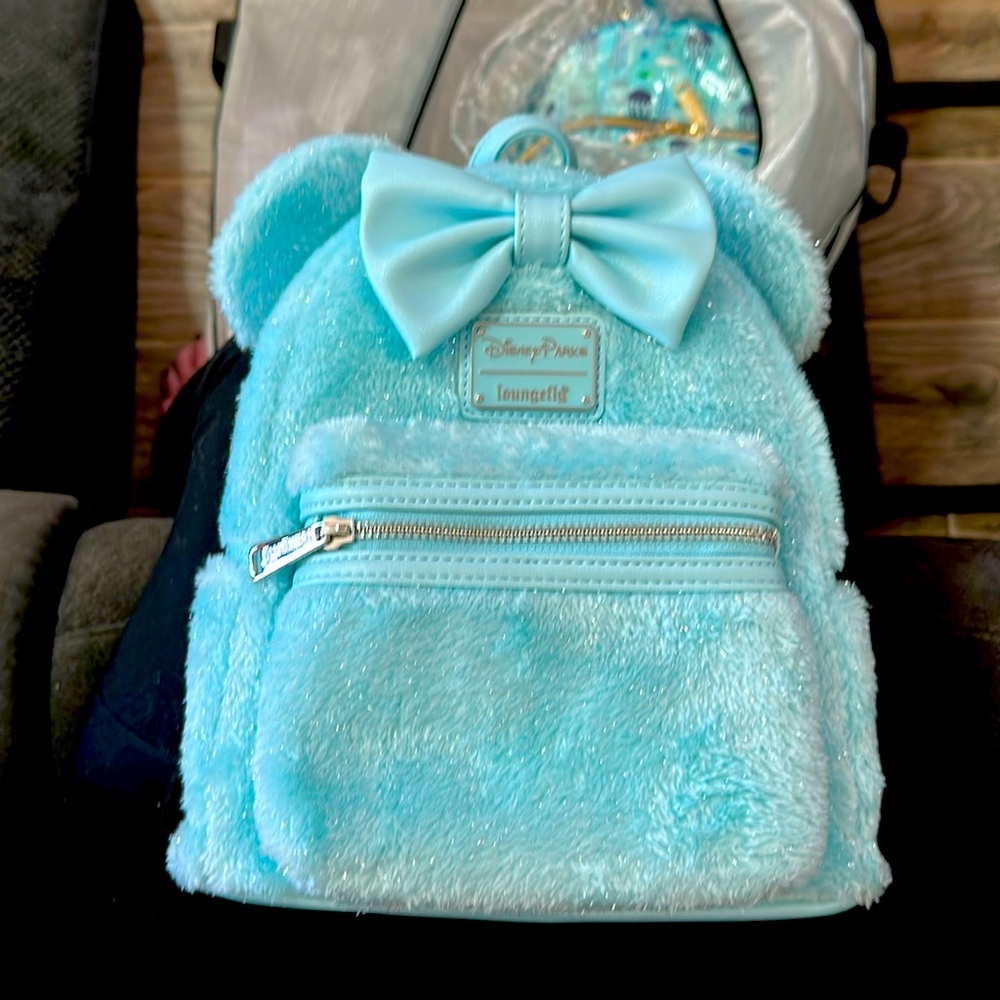 Loungefly Disney Parks Mickey Mouse Sparkle Fuzzy Blue Backpack NWT​
